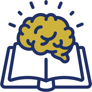 Brain illuminated by knowledge over an open book icon