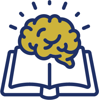 Brain illuminated by knowledge over an open book icon